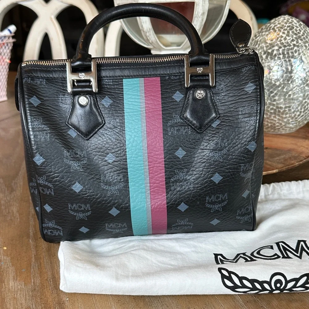 MCM Black Satchel with Pink and Teal Stripes - Picture 5 of 12